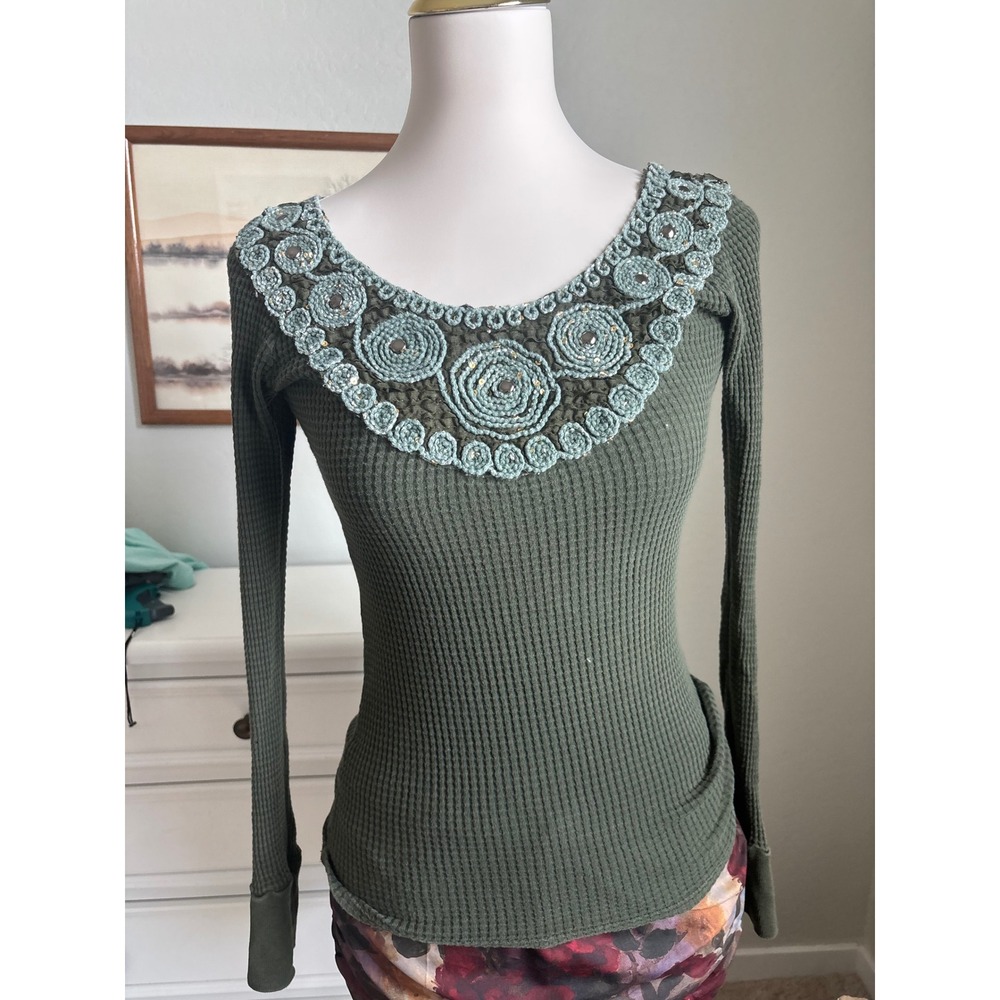 Daytrip Waffle Knit Top Womens S Green Excellent Crochet Sequin Thermal Boho